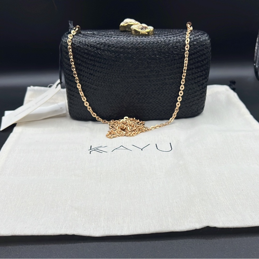 KAYU JEN BLACK WICKER GOLD SATCHEL CROSSBODY EVENING CLUTCH PURSE